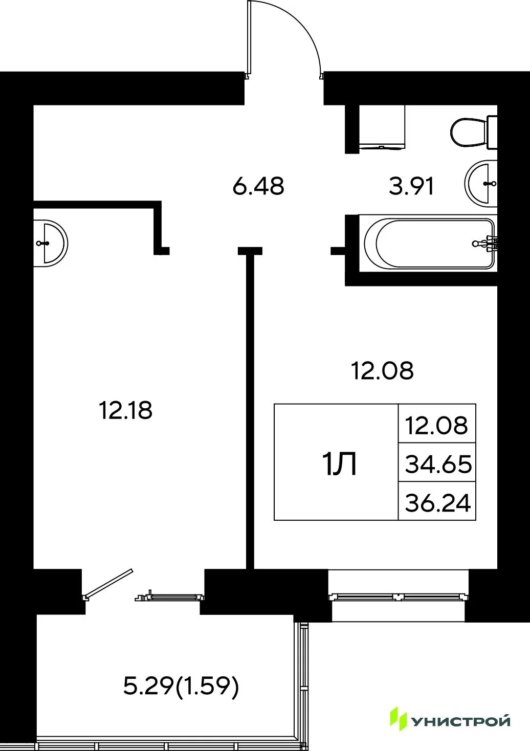 Планировка 1-комн. квартира, 36.24 м² ЖК «Царёво City»