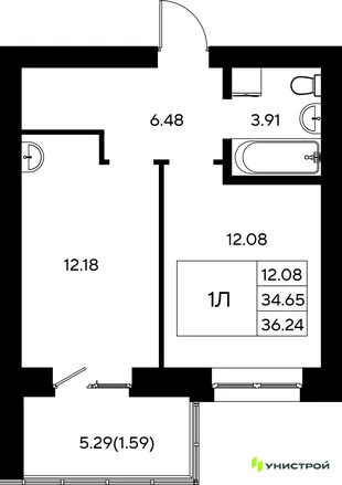Планировка 1-комн. квартира, 36.24 м² ЖК «Царёво City»