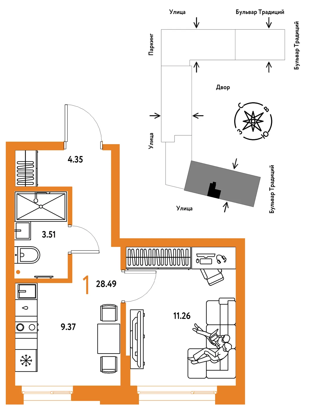 Планировка 1-комн. квартира, 28.49 м² ЖК «Микрорайон Домашний»