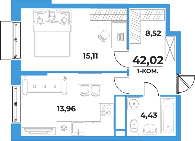 Планировка 1-комн. квартира, 42.02 м² ЖК «На семи холмах» Планировка 1-комн. квартира, 42.02 м² ЖК «На семи холмах»
