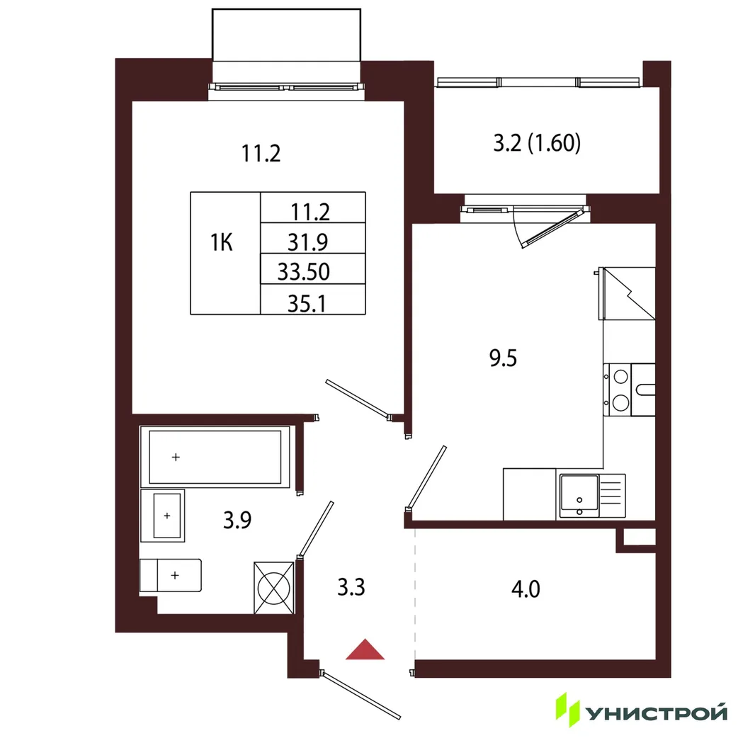 Планировка 1-комн. квартира, 33.5 м² ЖК «Лисино»
