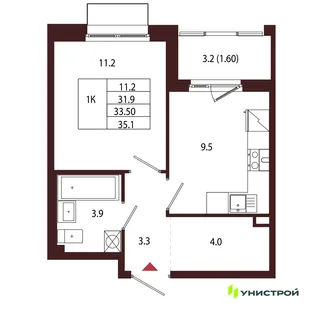 Планировка 1-комн. квартира, 33.5 м² ЖК «Лисино»