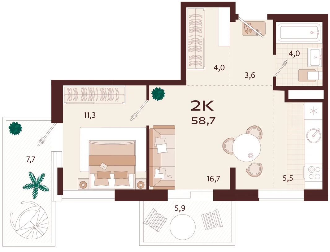 Планировка 2-комн. квартира, 58.7 м² ЖК «Роялта»