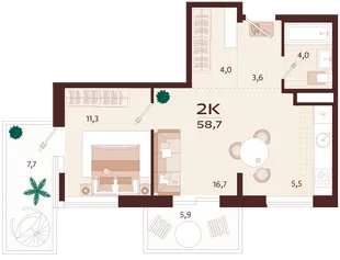 Планировка 2-комн. квартира, 58.7 м² ЖК «Роялта»
