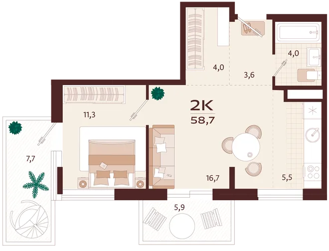 Планировка 2-комн. квартира, 58.7 м² ЖК «Роялта» Планировка 2-комн. квартира, 58.7 м² ЖК «Роялта»