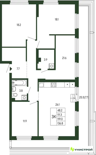 Планировка 3-комн. квартира, 119 м² ЖК «Парковый квартал 2.0»