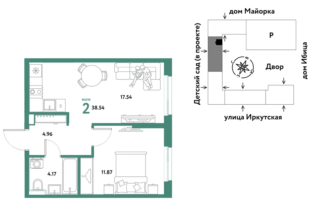 Планировка 2-комн. квартира, 38.54 м² ЖК «Остров-сад»