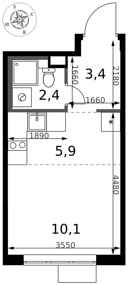 Планировка Студия, 21.8 м² ЖК «1-й Химкинский»