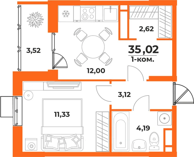 Планировка 1-комн. квартира, 35.02 м² ЖК «Живописный сад» Планировка 1-комн. квартира, 35.02 м² ЖК «Живописный сад»