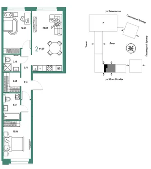 Планировка 2-комн. квартира, 64.59 м² ЖК «Сердце Сибири»