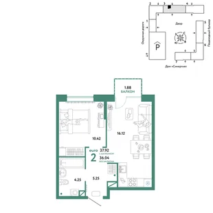 Планировка 2-комн. квартира, 37.92 м² ЖК «Юнион»