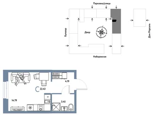 Планировка Студия, 22.43 м² ЖК «Европейский берег 2.0»