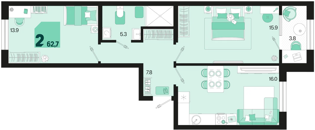 Планировка 2-комн. квартира, 62.7 м² ЖК «Первое место»
