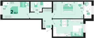 Планировка 2-комн. квартира, 62.7 м² ЖК «Первое место»