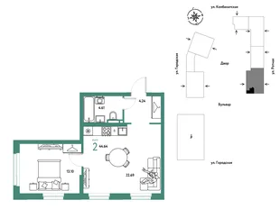 Планировка 2-комн. квартира, 44.64 м² ЖК «Уральский сад»