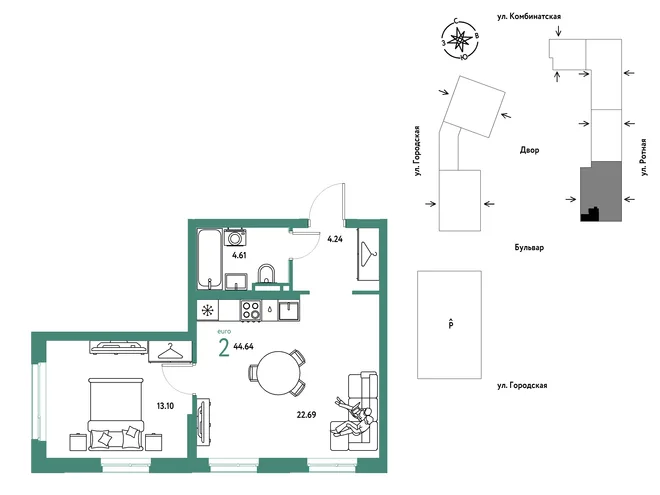 Планировка 2-комн. квартира, 44.64 м² ЖК «Уральский сад» Планировка 2-комн. квартира, 44.64 м² ЖК «Уральский сад»