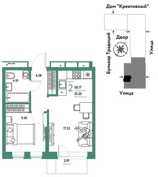 Планировка 2-комн. квартира, 38.17 м² ЖК «Микрорайон Домашний»