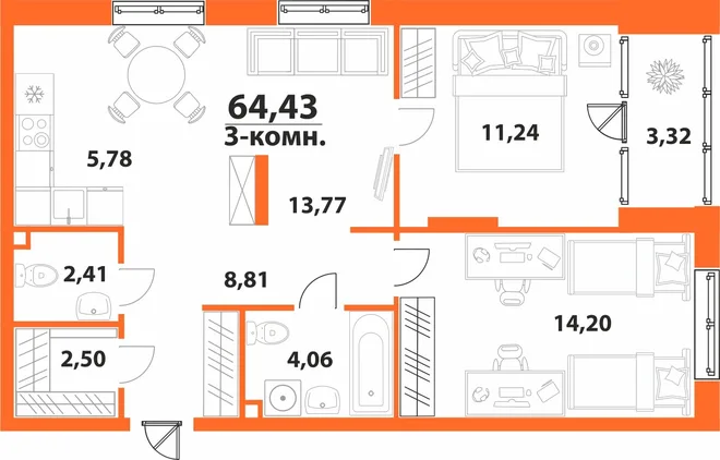 Планировка 3-комн. квартира, 64.43 м² ЖК «Аквамарин 2» Планировка 3-комн. квартира, 64.43 м² ЖК «Аквамарин 2»