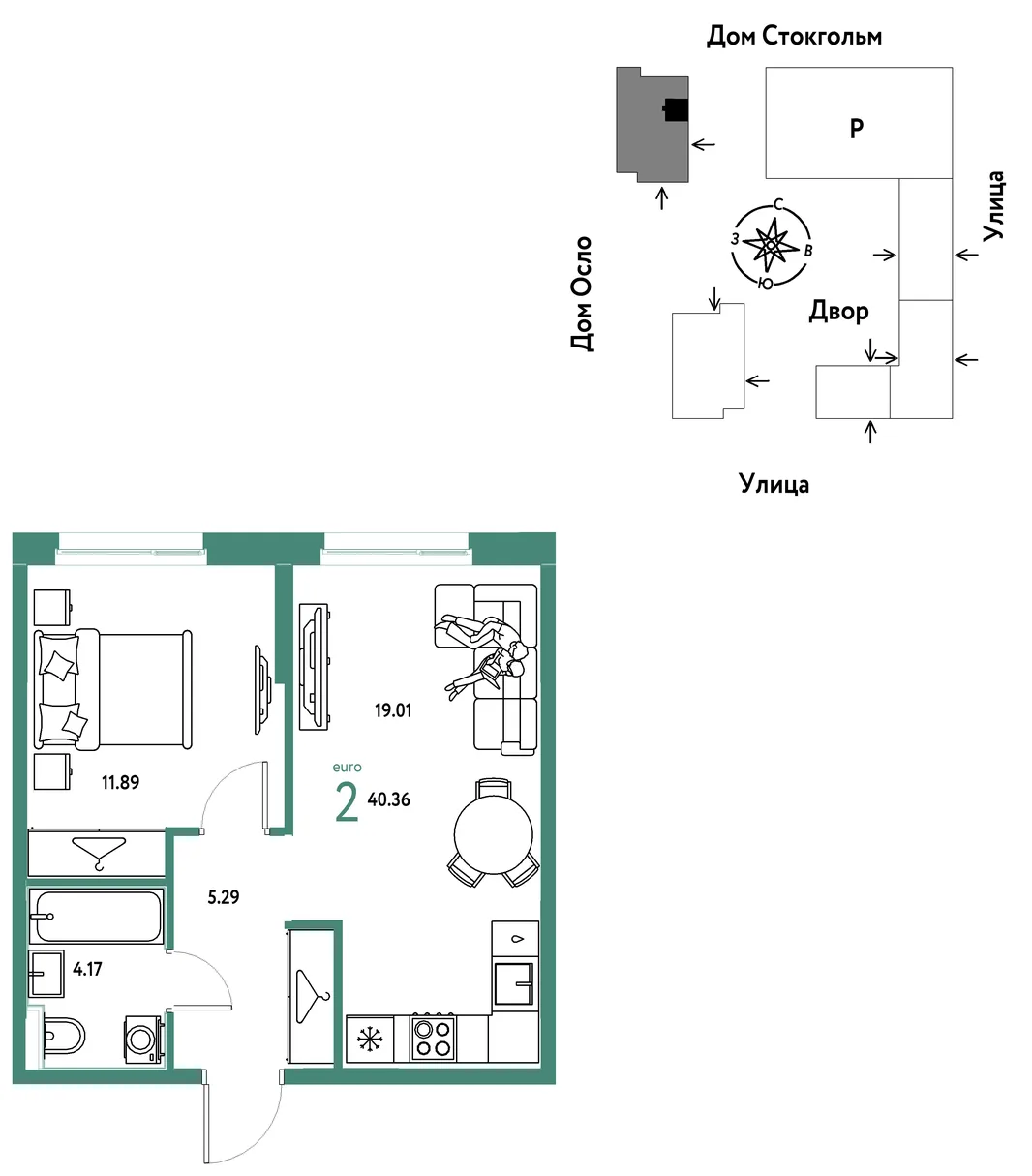 Планировка 2-комн. квартира, 40.36 м² ЖК «Европейский берег 2.0»
