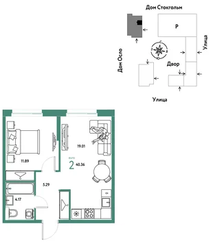 Планировка 2-комн. квартира, 40.36 м² ЖК «Европейский берег 2.0»
