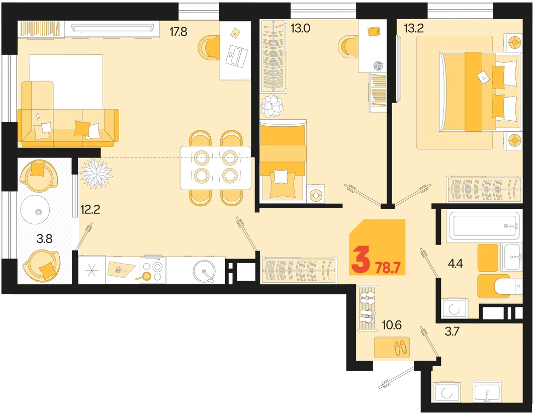 Планировка 3-комн. квартира, 78.7 м² ЖК «Первое место»