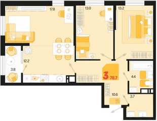 Планировка 3-комн. квартира, 78.7 м² ЖК «Первое место»