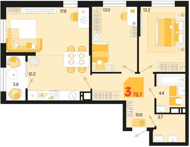 Планировка 3-комн. квартира, 78.7 м² ЖК «Первое место» Планировка 3-комн. квартира, 78.7 м² ЖК «Первое место»
