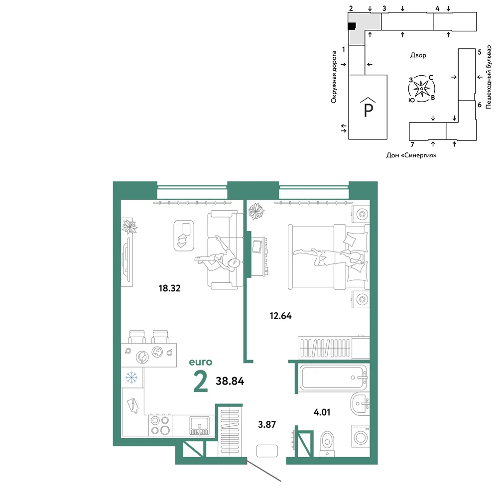 Планировка 2-комн. квартира, 38.84 м² ЖК «Юнион»