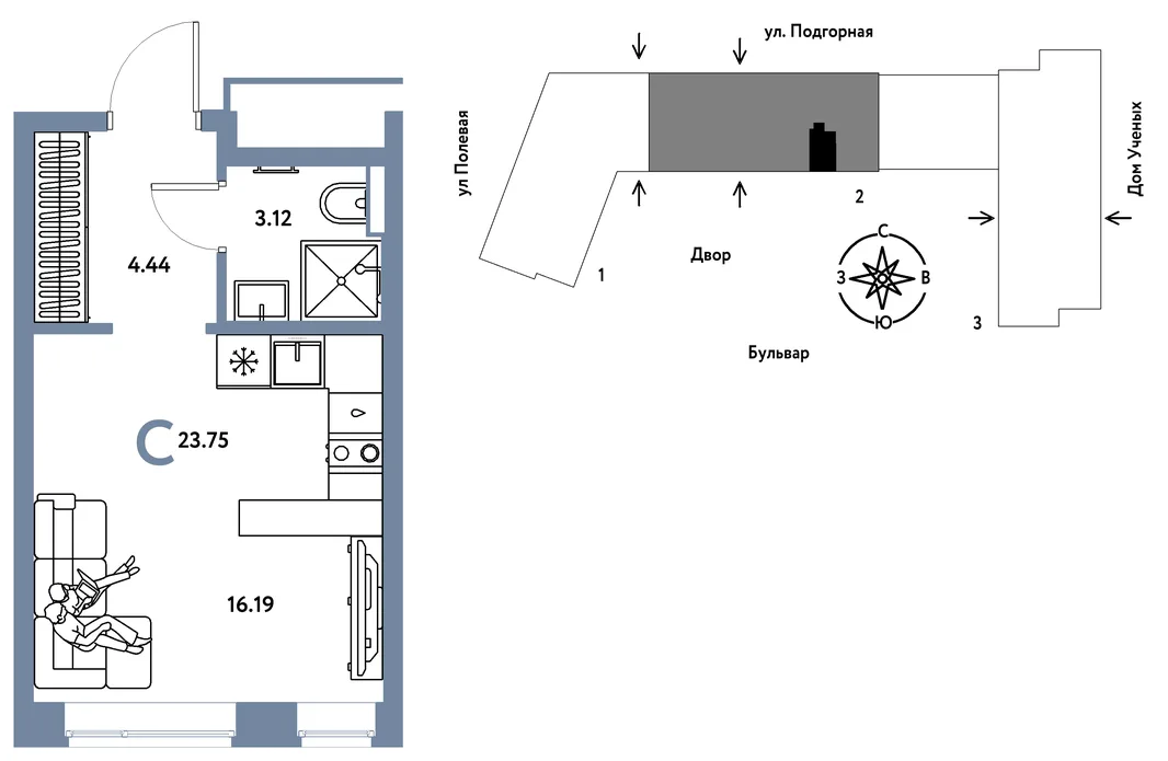 Планировка Студия, 23.8 м² ЖК «Авторский»