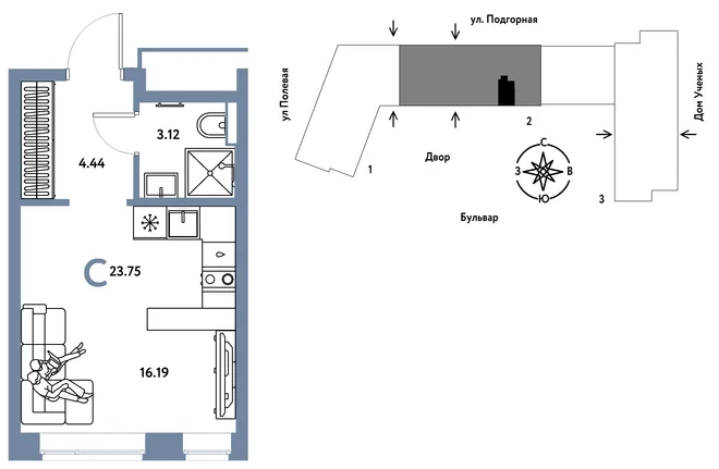 Планировка Студия, 23.8 м² ЖК «Авторский»