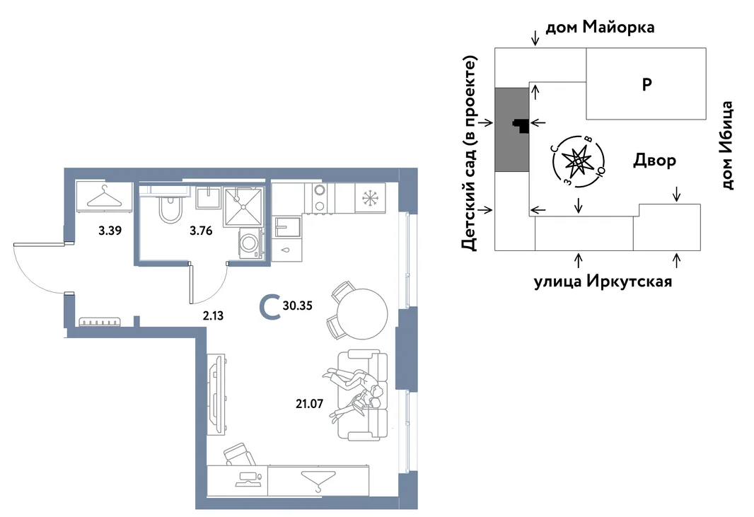 Планировка Студия, 30.35 м² ЖК «Остров-сад»