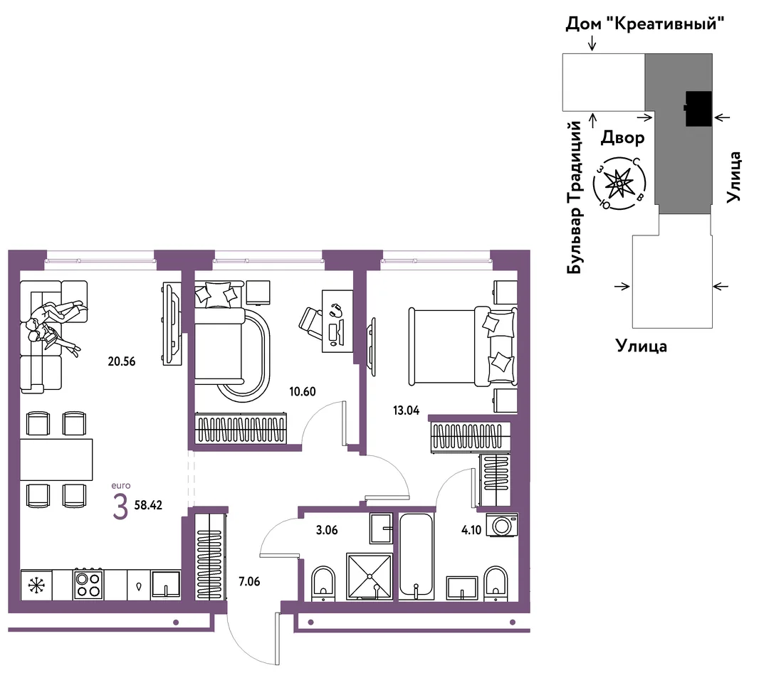 Планировка 3-комн. квартира, 58.42 м² ЖК «Микрорайон Домашний»