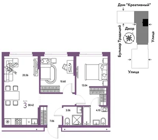 Планировка 3-комн. квартира, 58.42 м² ЖК «Микрорайон Домашний»