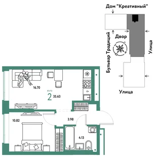 Планировка 2-комн. квартира, 35.63 м² ЖК «Микрорайон Домашний»