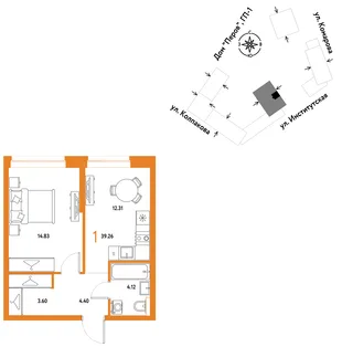 Планировка 1-комн. квартира, 39.26 м² ЖК «Страна.Парковая»