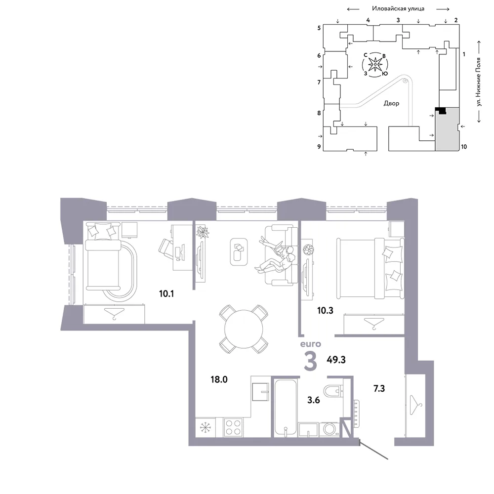 Планировка 3-комн. квартира, 49.3 м² ЖК «Страна.Заречная»