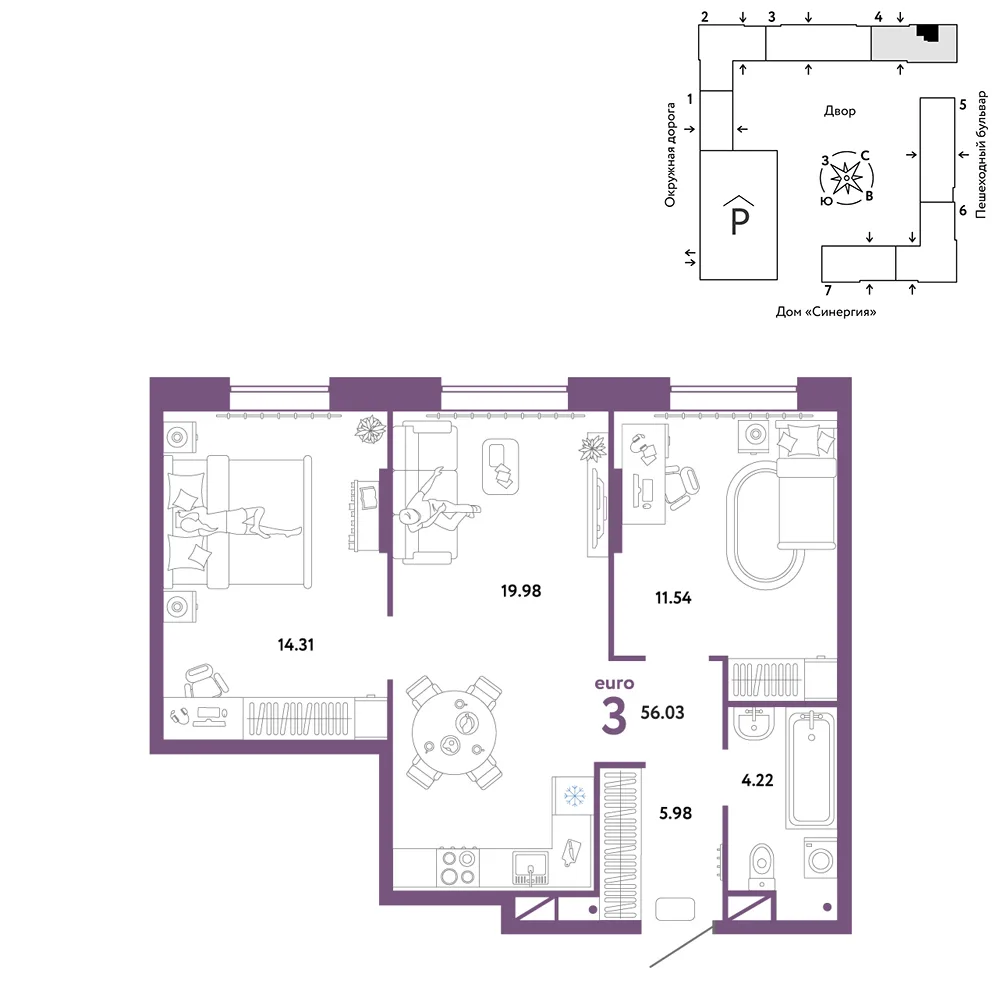Планировка 3-комн. квартира, 56.03 м² ЖК «Юнион»