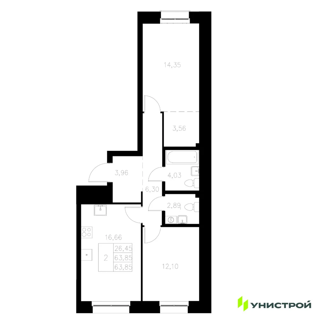 Планировка 2-комн. квартира, 63.85 м² ЖК «Statum»