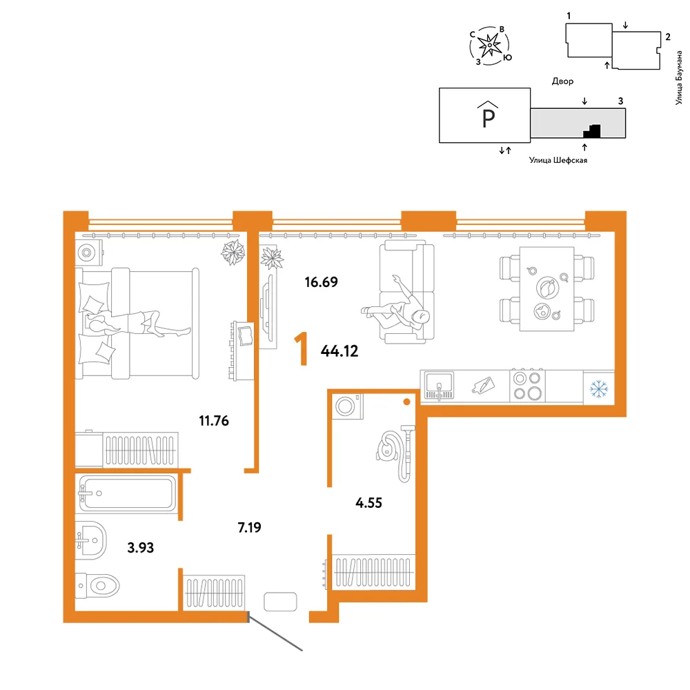 Планировка 1-комн. квартира, 44.12 м² ЖК «Страна.Энтузиастов»