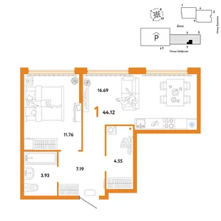 Планировка 1-комн. квартира, 44.12 м² ЖК «Страна.Энтузиастов»