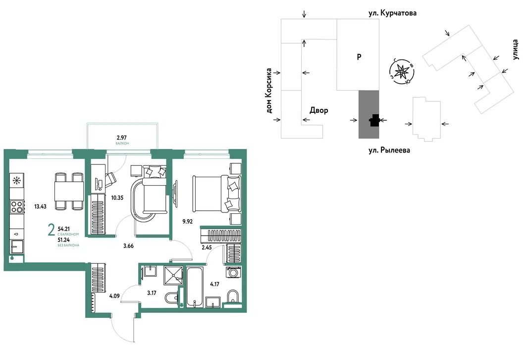 Планировка 2-комн. квартира, 54.19 м² ЖК «Остров-сад»