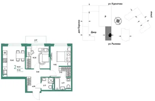 Планировка 2-комн. квартира, 54.19 м² ЖК «Остров-сад»
