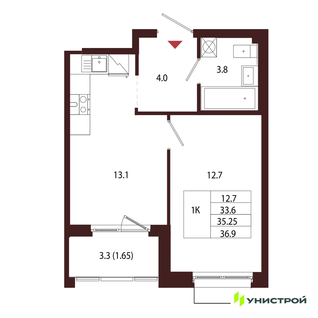 Планировка 1-комн. квартира, 35.25 м² ЖК «Лисино»