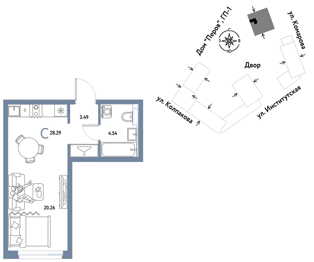 Планировка Студия, 28.29 м² ЖК «Страна.Парковая»
