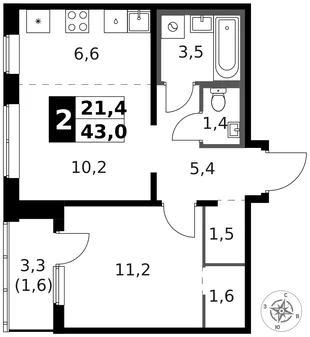 Квартира 2-комн. квартира, 44.1 м² ЖК «1-й Ясеневский» Фото 1