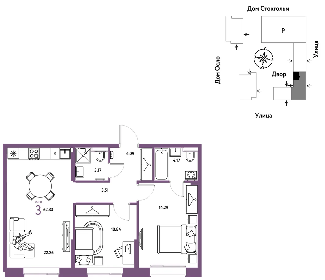 Планировка 3-комн. квартира, 62.33 м² ЖК «Европейский берег 2.0»