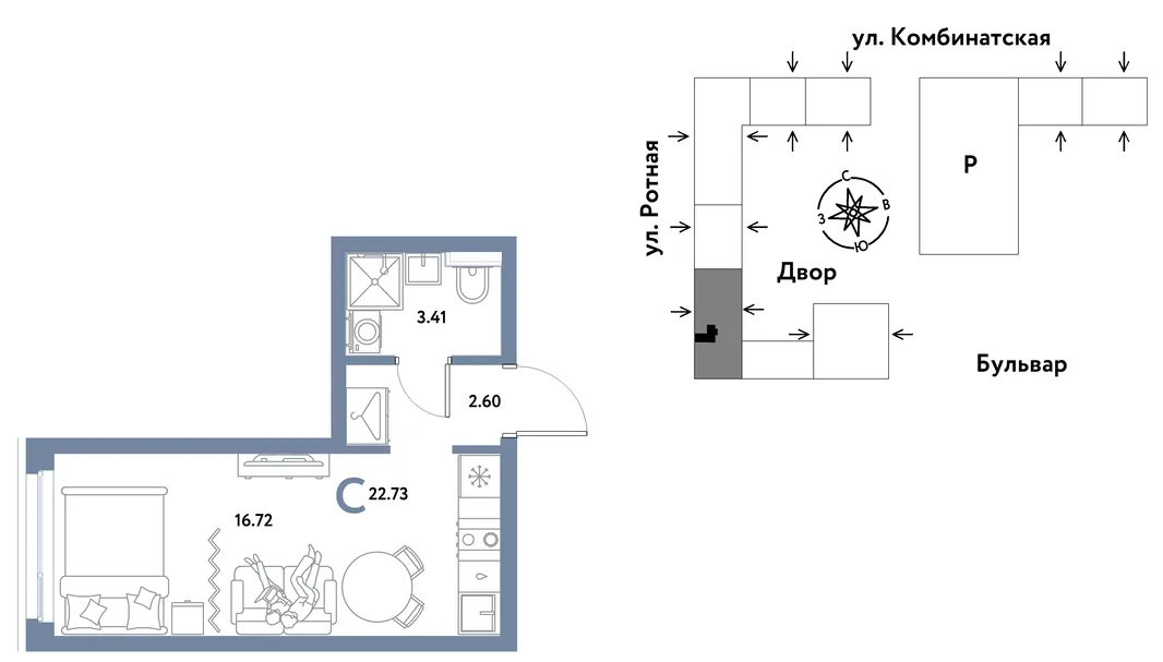 Планировка Студия, 22.64 м² ЖК «Уральский сад»