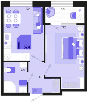Планировка 1-комн. квартира, 37.4 м² ЖК «Первое место»