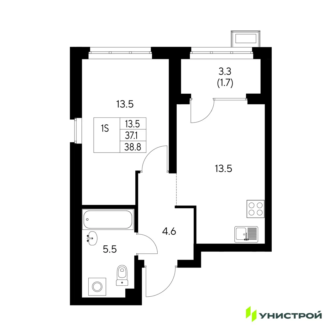 Планировка 1-комн. квартира, 38.8 м² ЖК «Стадиум»