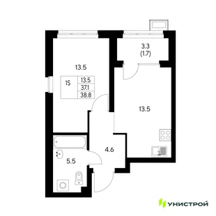 Планировка 1-комн. квартира, 38.8 м² ЖК «Стадиум»